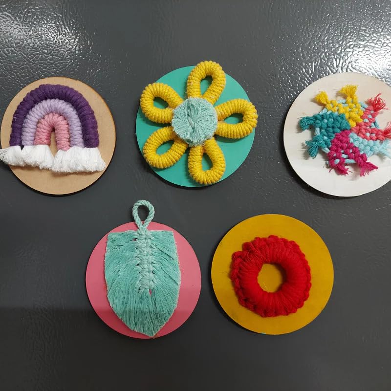 Rank Never Retires Macrame Fridge Magnets for Refrigerator, Home and Kitchen Decoration, Personal Desk (Cotton, 3.5 inch) Set of 5, Funny Quote- Full Magnetic Back Side