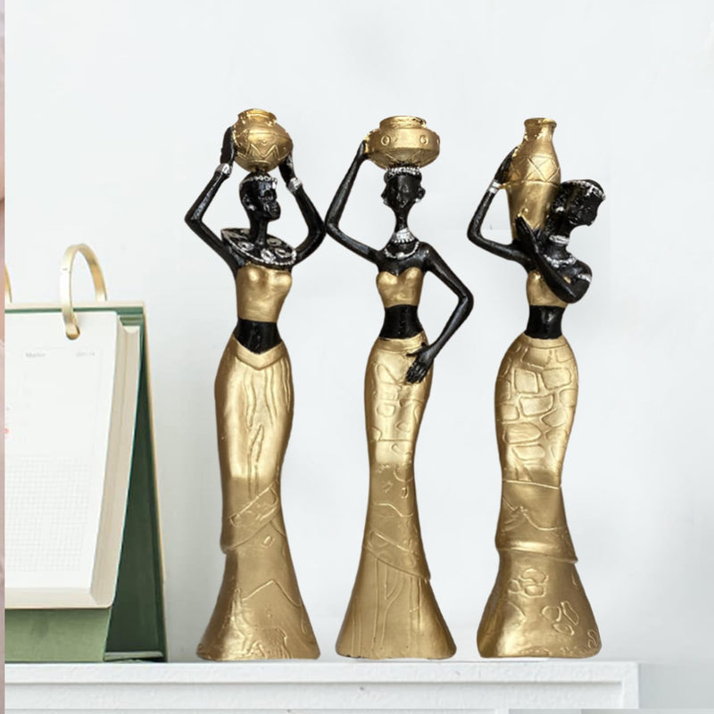 Xtore Beautiful New Golden & Black African Women for Home Decor (Pack of 3, Golden & Black)