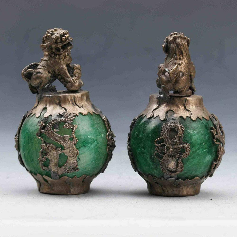 Acxico 1Pairs Exquiste Chinese Silver Dragon Inlaid Jade Hand Carved Lion Statue