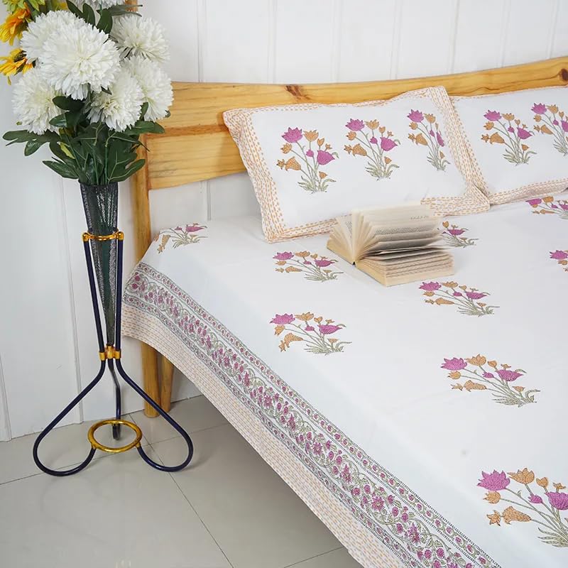 THE JAIPUR WALA Hand Block Printed Pure Cotton Bedsheet-Set White Valley King Size