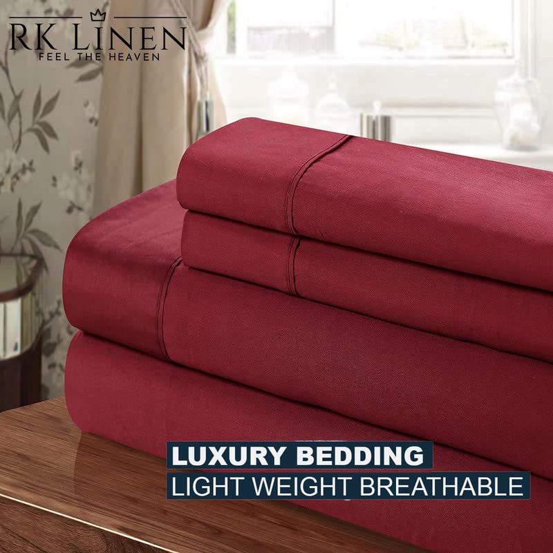 RK LINEN Egyptian Cotton 550 Thread Count 4 Pieces Breathable |Luxurious |Ultra Soft| Sateen Weave 1 Flat + 1 Fitted (Up to 12" Deep) + 2 Pillow Bedsheet Set|| Queen Size,Burgundy Solid