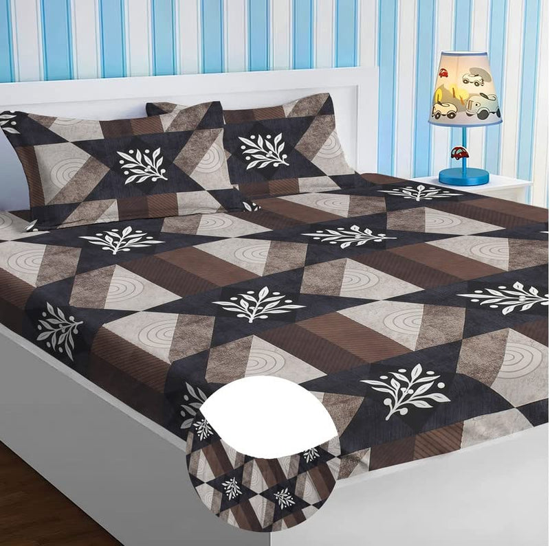 BSB HOME Style Cotton Feel Glace Cotton Elastic Fitted Printed King Size Double Bed Bedsheet with 2 Pillow Cover (78"x72", Big Checks- Dark Brown)