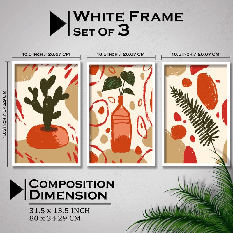 SAF paintings Set of 3 flower pot Boho modern art design Premium white Framed Bohemian wall painting for for Wall, Home and Living Room Decoration 80 cms x 34.29 cms COMBO-2001-K3