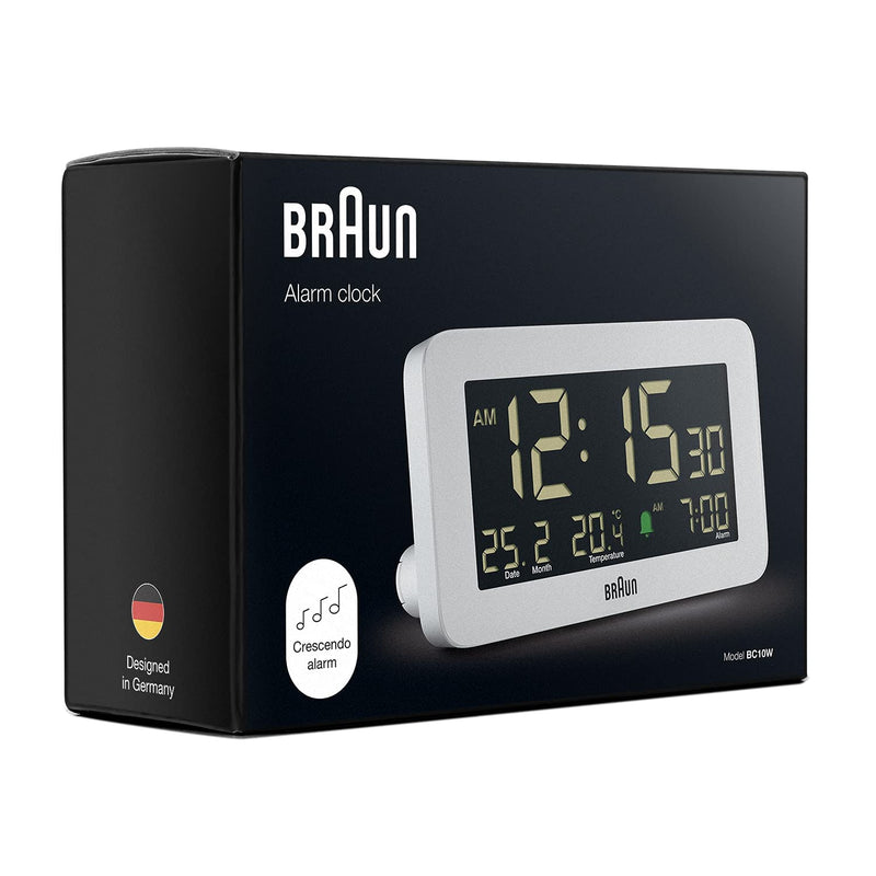 Braun Digital Alarm Clock with Date, Month and Temperature Displayed, Negative LCD Display, Quick Set, Crescendo Beep Alarm in White, Model BC10W.