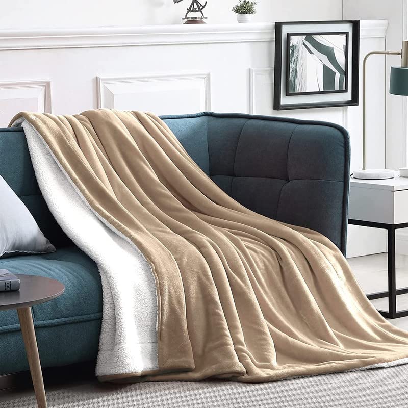 BSB HOME Sherpa Fleece Blanket Double Size Winter Super Soft Extra Warmest and Heavy Thick Winter 500GSM Bed Blankets for Couch Sofa Bed, 90" X 90" (Beige)