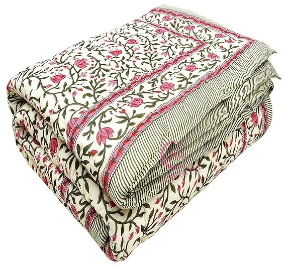 EMIOUR Pure Cotton 400 TC Hand Block Printed Jaipuri Quilt, Double Bed-90 x 108 cm, Multicolor (Design 2)