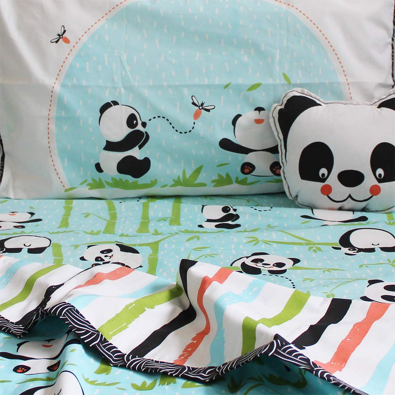 Silverlinen Panda Village 100% Cotton 250 TC Bundle of Joy for Kids Room for Boys and Girls - Single Bedsheet with One Pillow Cover, Blanket & Cushion - Blue