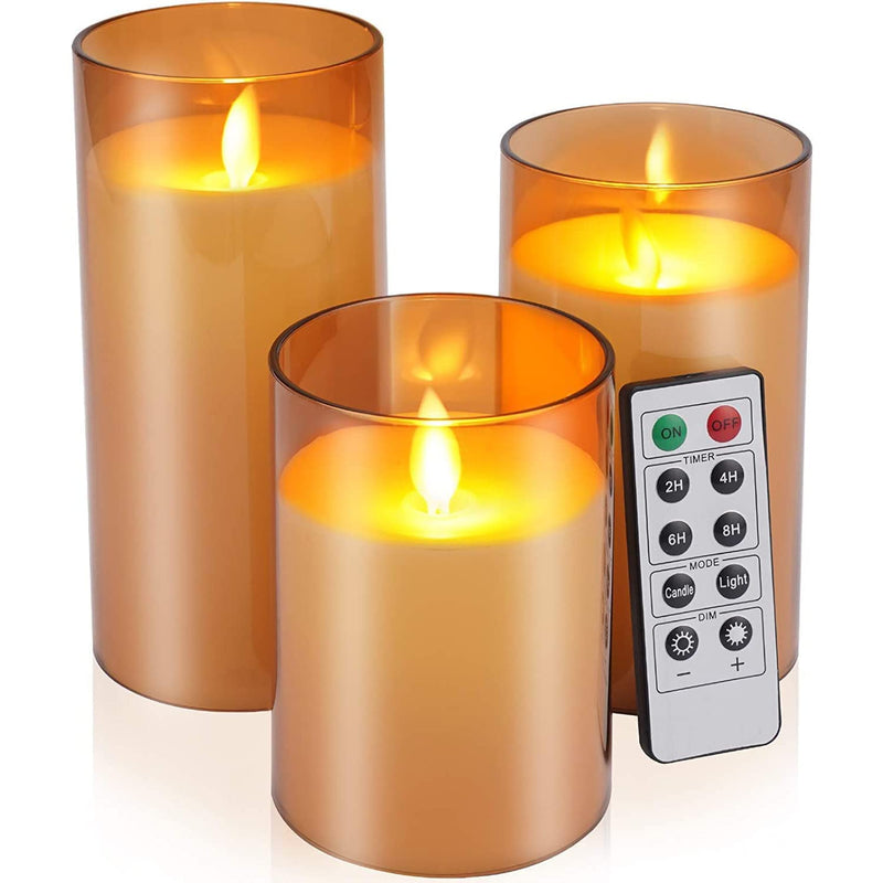 VEROX Flameless LED Candles with Golden Acrylic Glass, Remote Control and Timer - AA Battery-Powered for Home, Festival and Wedding Decor (Set of 3-3" D x 4", 5", 6" H)