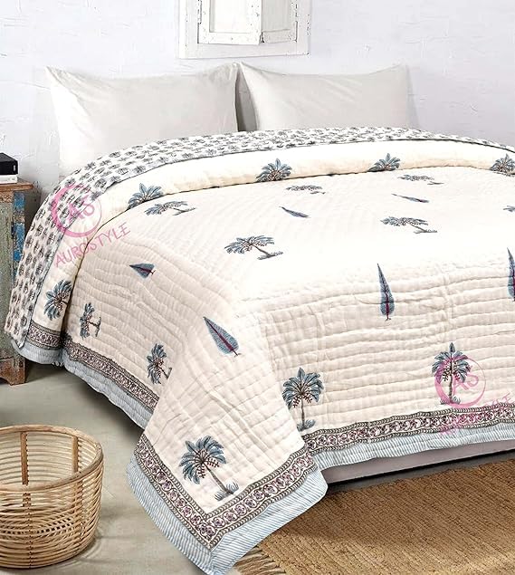 EMIOUR 400 TC Jaipuri Light Weight Pure Cotton Traditional Hand Block Big Flower Print Double Bed Quilt/Razai/Rajai (White & Grey, 90 x 108 Inches, Double Bed) Breathable