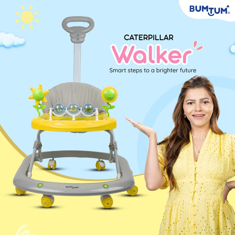 BUMTUM Baby Walker for 6 to 48 Months with Parent Handle Rod| Foldable Activity Walker| Baby Grey Caterpillar Walker