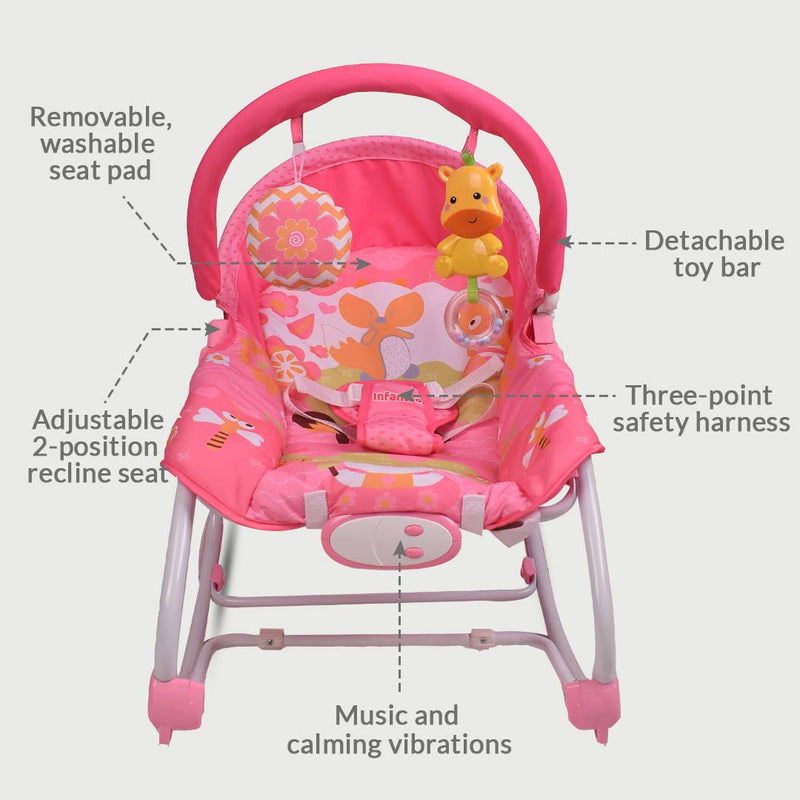 INFANTSO Baby Rocker Portable with Free Mosquito Net & Calming Vibrations & Musical Toy (03 Pink)