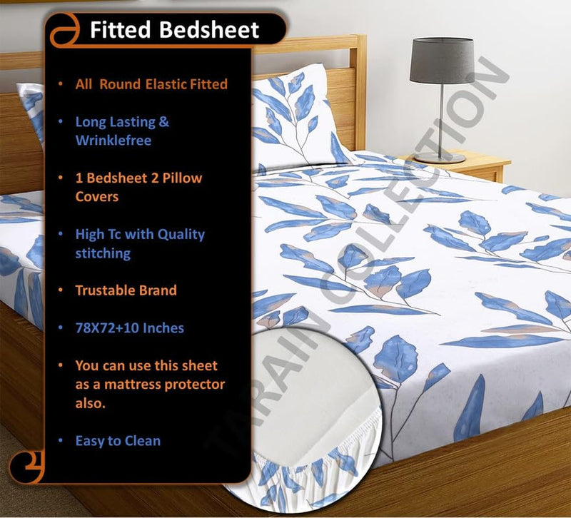 TARAIN COLLECTION Cotton Perfect Fitted Bedsheets with 2 Pillow Covers King Size Double Bed with All Around Elastic 180 TC Size-78" x 72" +10" (Multicolour, White Blue Leaf Printed)