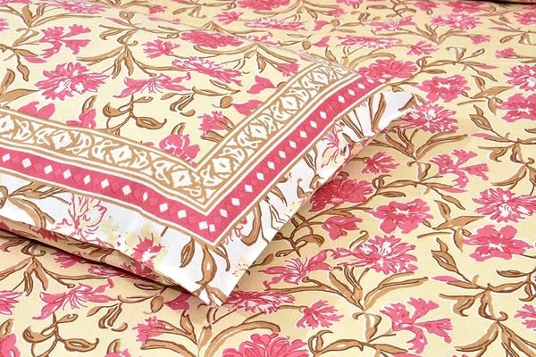 JaipurToHome 220 TC 100% Pure Cotton Bedsheet for Double Bed King Size, Jaipuri Print Double Bedsheet with 2 Pillow Covers - (88.5x107.5 inch. Multi) (Cream)