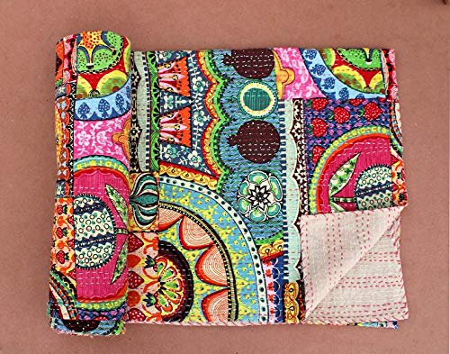 Fashion Hub Textile Work Creations Cotton Patchwork Floral Hand Printed Kantha Patch Design Bedding Quilt (Multicolour, 60x90 Inch)