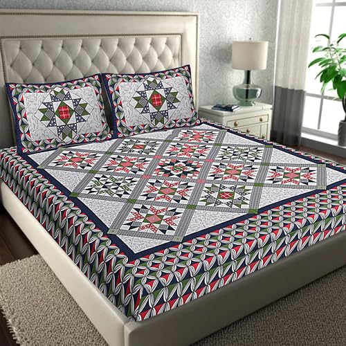 JAIPUR PRINTS Cotton Blend Traditional Jaipuri Printed Double Bedsheet for Double Bed King Size with 2 Pillow Covers - Blue