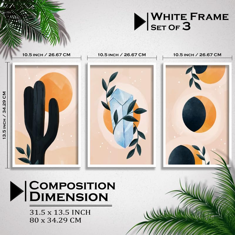 SAF paintings Set of 3 abstract flower Boho modern art design Premium white Framed Bohemian wall painting for for Wall, Home and Living Room Decoration 80 cms x 34.29 cms COMBO-2222-K3