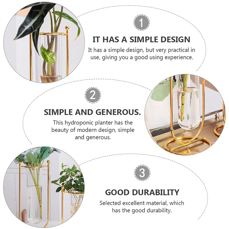 THE UNIQUE DESIGNS™ Desktop Glass Planter Hydroponics Vase Glass Propagation Station with Modern Creative Geometric Metal Frame Test Tube Vase for Home Office Decor Table Top (Set of 2)