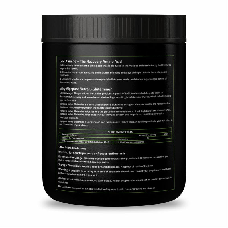 Alpspure Nutra 100% Pure Glutamine Powder (250 G) Unflavoured | Post Workout Supplement for Muscle Growth & Recovery | Sports & Fitness Nutrition for Men & Women | L-Glutamine | Amino acid