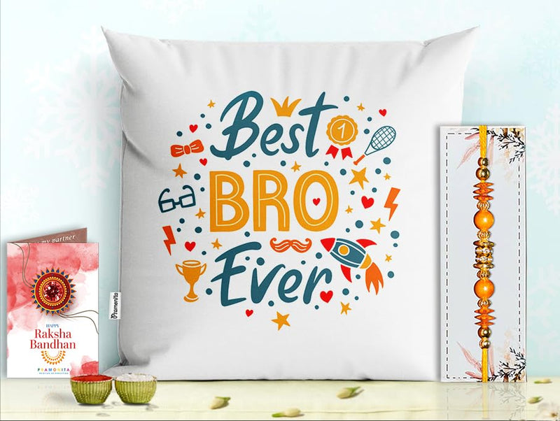 Pillow Rakhi for Brother with Gift - Rakhi with Rakhi Cushion with Filler Greeting Card- Rakhi for Brother, Gifts for Brother, Gifts for Rakhi, Gifts for Rakshabandhan Rakhi Gifts-PF-CU-21