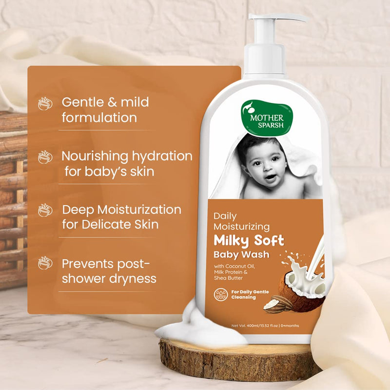 Mother Sparsh Milky Soft Baby Body Wash - 400ml | With Milk Protein & Coconut Oil | pH Balanced Natural Baby Wash | Tear Free Formula for Baby Bath