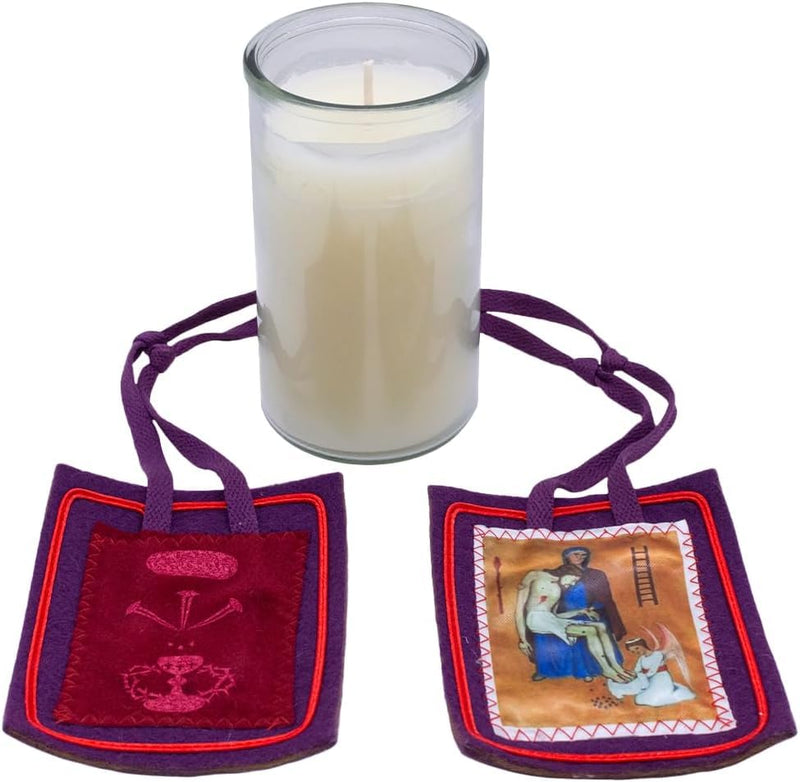 51% Beeswax Candle and Purple Home Scapular | 3 Days of Darkness | Catholic Spirituality | Divine Protection | Blessed Anna Maria Taigi and Marie-Julie Jahenny