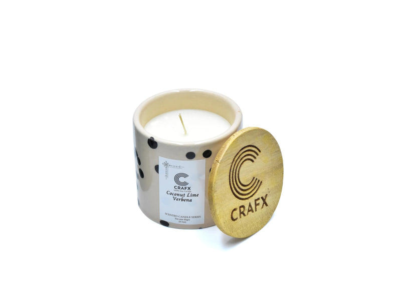 CRAFX Scented Candle with Natural Soy Wax Eco-Friendly Ceramic Jar with Wooden Lid Scented Candles for Home, Scented Candle Set - 2 (Oudh Jasmine 142gm(5oz) | Coconut Lime Verbena 95gm(3.5oz))