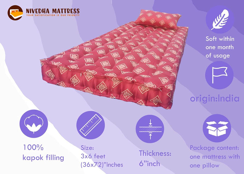 NIVEDHA MATTRESS -Organic Silk Cotton/Kapok/Ilavam Panju Single Cot Mattress 6 x 3 ft / 72 x 36 x 6 Inches with 1 Pillow(Panipat Cloth)..