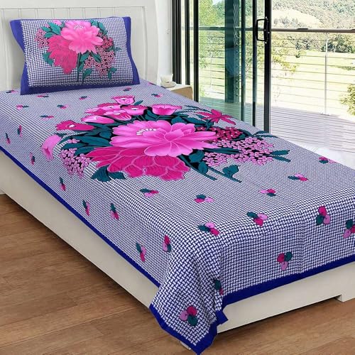 104 Tc Pure Cotton Single BedSheet with Two Pillow Covers | 60 X 90 Inches | EXLSG-120 | Blue