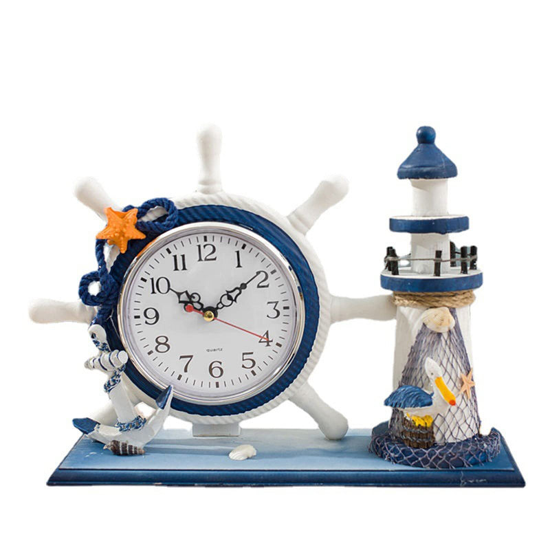 NOBLJX Lighthouse Mantle Clocks Ocean Nautical Clock Decor for Living Room Desktop Solid Wood Mediterranean Style for Kids Bedroom Bedside Home Decoration