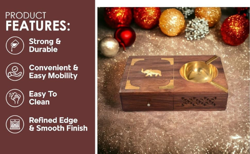 Zeguard Handicraft Wooden Ashtray for Home | Ashtray for cigarette stylish | Ashtray with Lid | Ashtray for Ash | Ashtray with Cigarette Storage Case Box Drawer - Brown & Gold