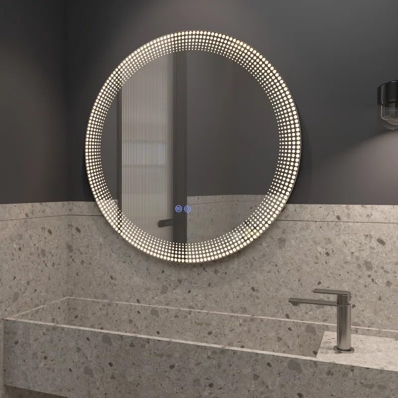 Artessa Modern Backlit Round LED Mirror with Defogger, Dimmer-Option, 3-Colour LED for Bathroom (60 x 60 CM)