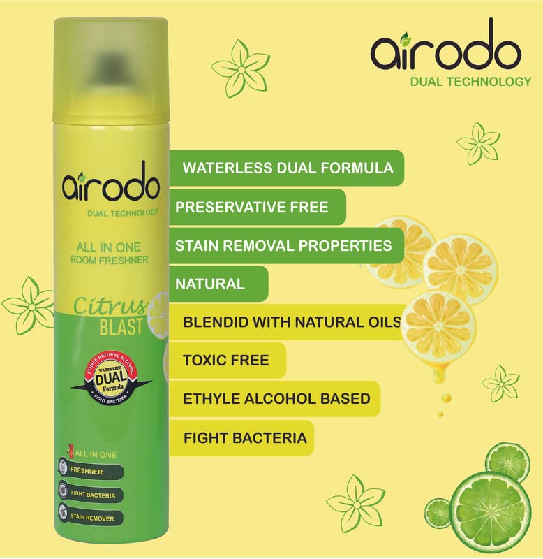 AIRODO Citrus Blast Air Freshener with Dual Technology, Easy Push and Spray, Stain Removal Floral Crush, All in One Room Freshener for Home and Office (250ml, Pack of 1)