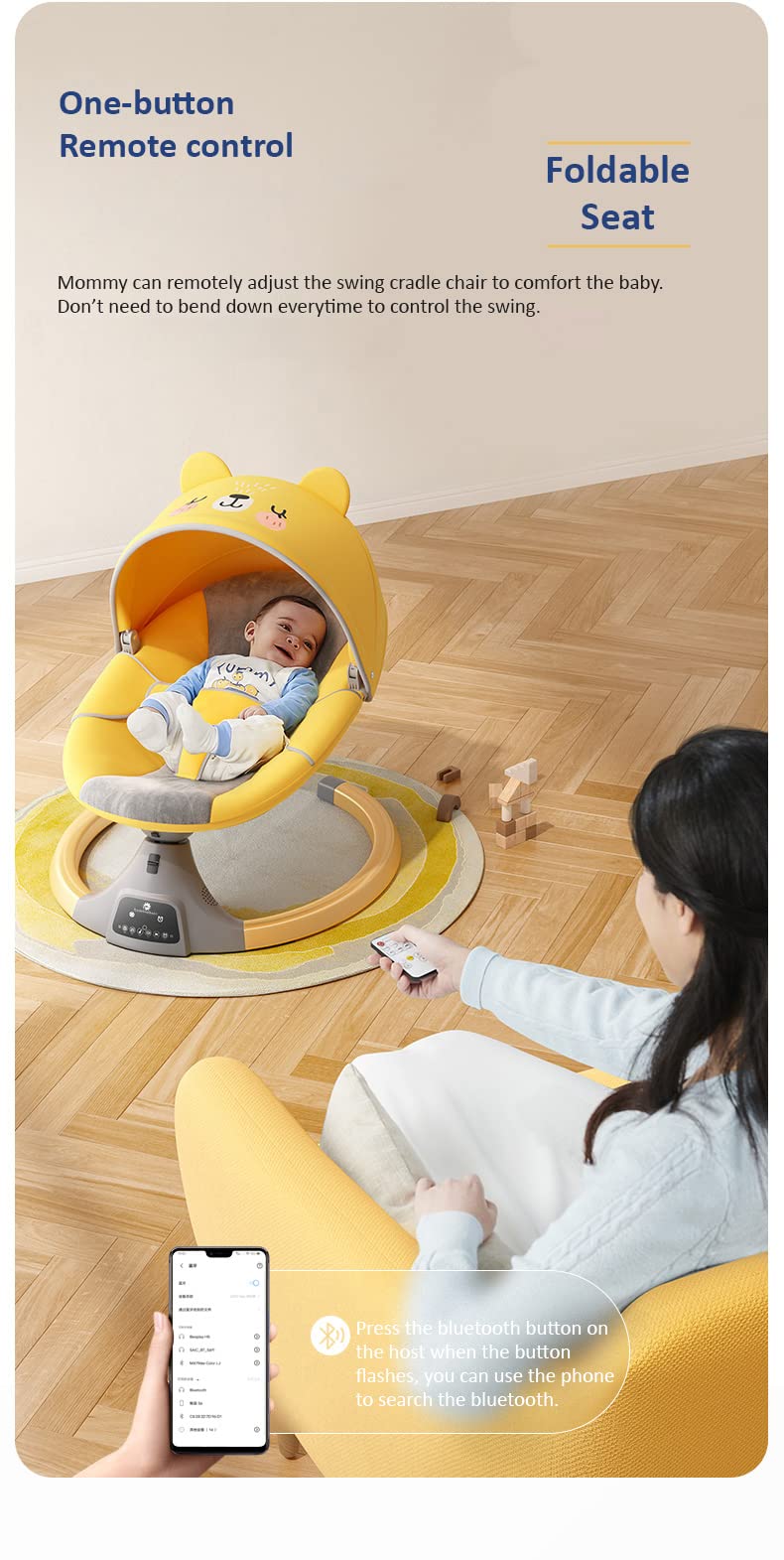 StarAndDaisy Baby Swing Rocker, Calming Infants Through Soft Swing Motion, Bluetooth Enabled Music and Remote Control (Grey) (Yellow)