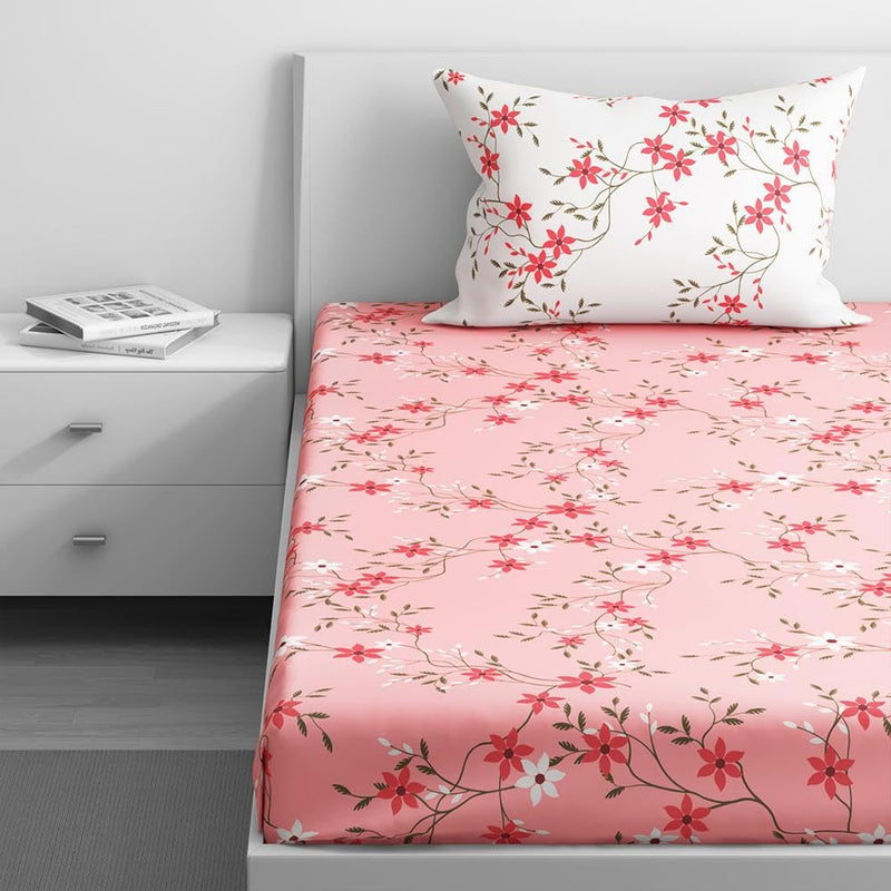 100% Cotton 152 TC Fitted Bedsheet with 1 Pillow Cover | Sakura Single, 72" x 36", Sakura| 1.83m x 91cm