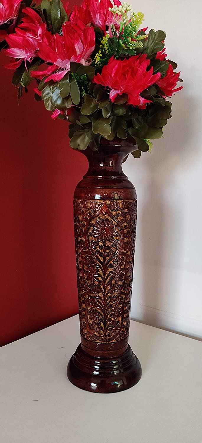 Blessing Handicrafts Antique Kashmiri Carving Flower Vase/Pot,Wood Carving Flower vase Round Shape Home Decorative Wooden Vase (20" inch) Wooden Nakkashi Pot Natural Brown Floor Decorative Item