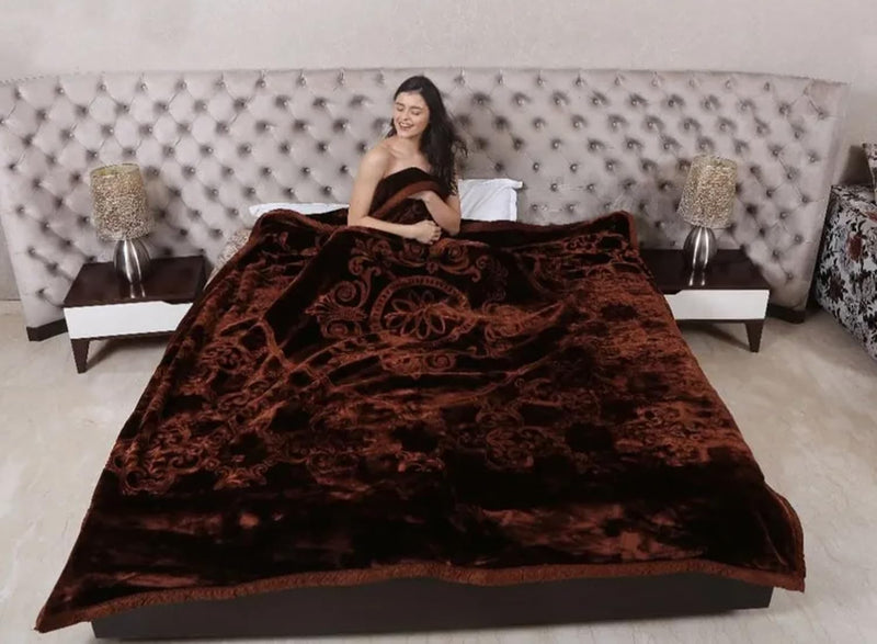 BENAVJI Mink Floral Embossed Super Soft Heavy Light Winter Warm Velvet Korean Double Bed Blanket (Brown)