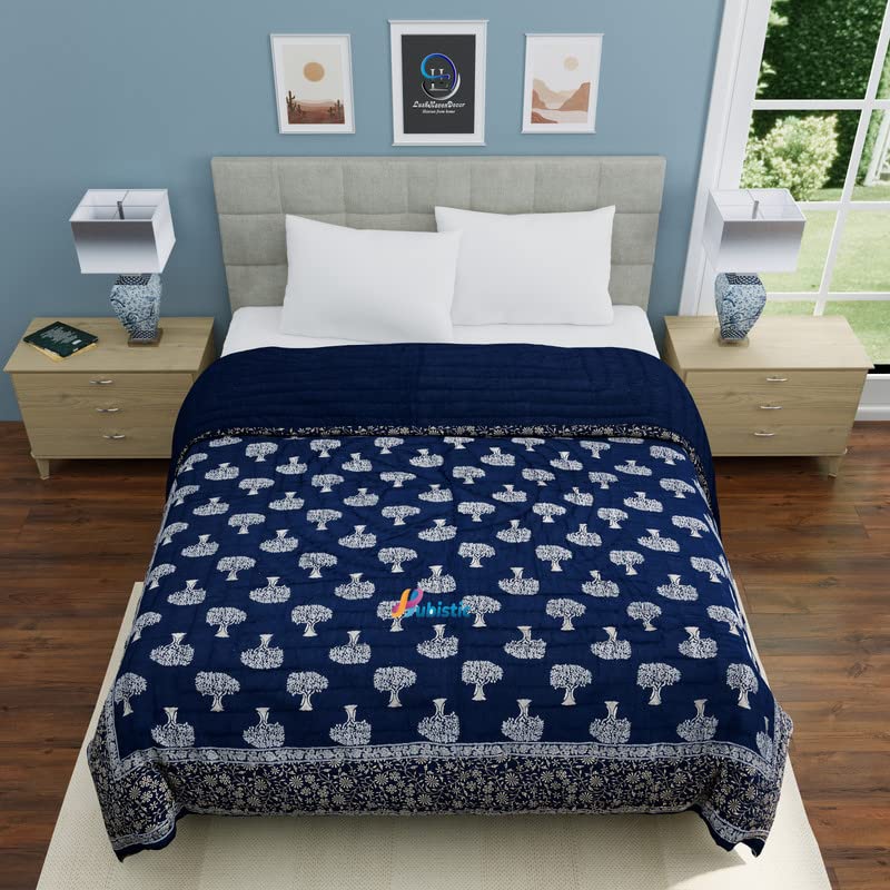 WOODSY Jaipuri Razai Rajasthani Traditional Soft Light Weight Pure Cotton Winter and Summer Rajai Ac Quilt Razai/Rajai/Quilt/Blanket/Dohar/Comforter (Double Bed, Blue Tree Golden)