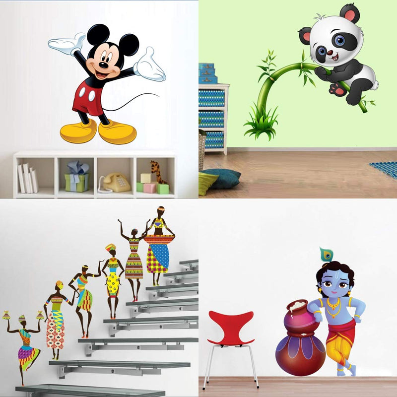 Walltech Combo of 4 Wall Sticker Cute Mickey Mouse-(51 x 50 cms) | Cute Panda on Tree-(90 x 95 cms) | Tribal Lady-(180 x 60 cms) | Cute bal Krishna makhan chor-(60 x 40 cms) - Material Vinyl