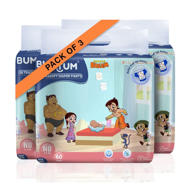 Bumtum Chota Bheem New Born Size Baby Diaper Pants, 180 Count, Leakage Protection Infused With Aloe Vera, Cottony Soft High Absorb Technology