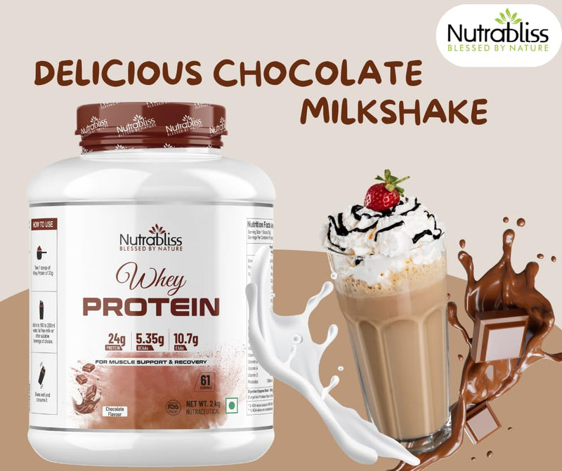 Nutrabliss Premium Pure Whey Protein Concentrated blended with digestive enzymes and probiotics | 100% tested and guaranteed Whey Protein - 24 Gram Protein per serving (Chocolate, 2 Kg)