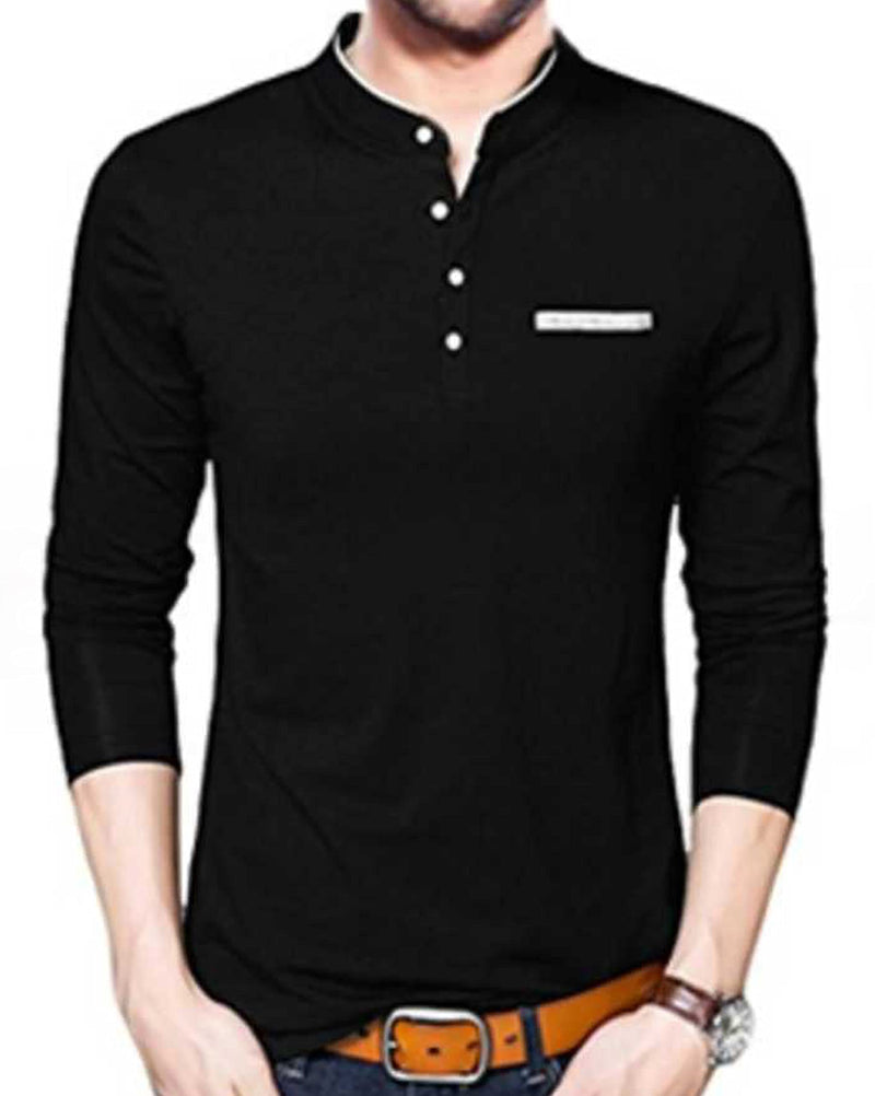 AUSK Men's Cotton Henley Neck Full Sleeve Solid Regular Fit T-Shirt (Large, Black)