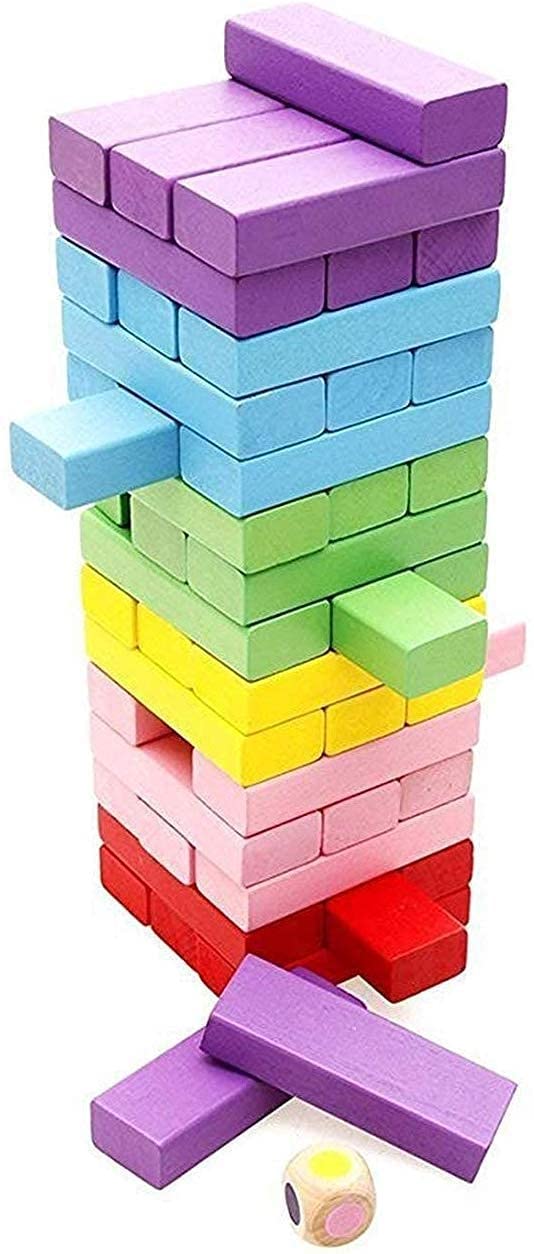 Amisha Gift Gallery 48 Pcs 3 Dice Challenging Wooden Blocks Games for Adults and Kids, Wood Tumbling Tower Stacking Toys with Dices Board Best Educational Puzzle Game (Colorful Stacking Game)