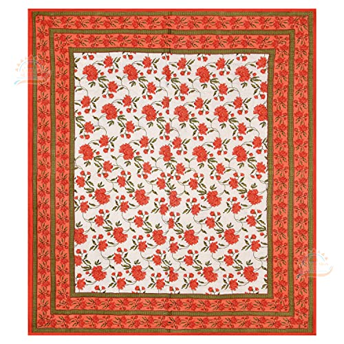 FABDESIGN QUILTS Mughal Jaal Block Print Quilt | Double Bed Cotton Traditional Floral Printed Razai | Lightweight Bedding Quilts | Winter Heavy Quilt Blanket(88X105inch) (Orange)