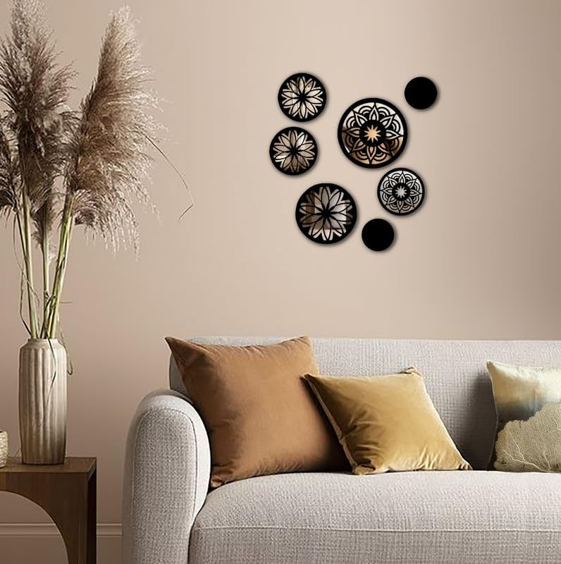 VAH- Kya Bat Hai !! 7 Black Mandala Design Round Wooden Acrylic Mirror Wall Sticker for Home Decoration