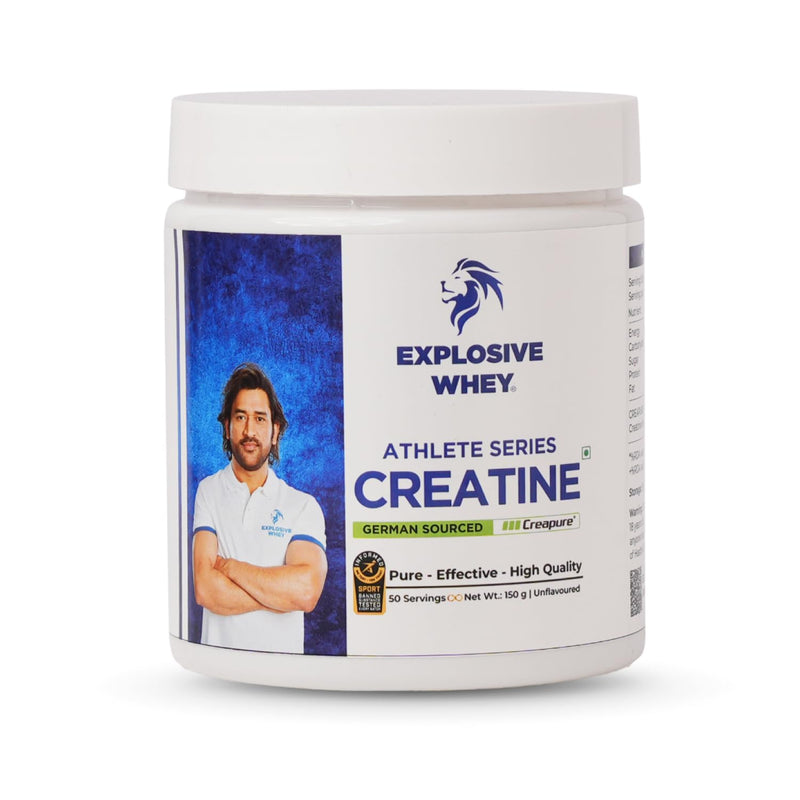 Explosive Whey Athlete Series Creatine 150gm — 100% Pure Creatine Monohydrate, Trusted by M.S. Dhoni & Kedar Jadhav | Muscle Booster, Strength & Recovery, Sports Supplement | Informed Sport Certified