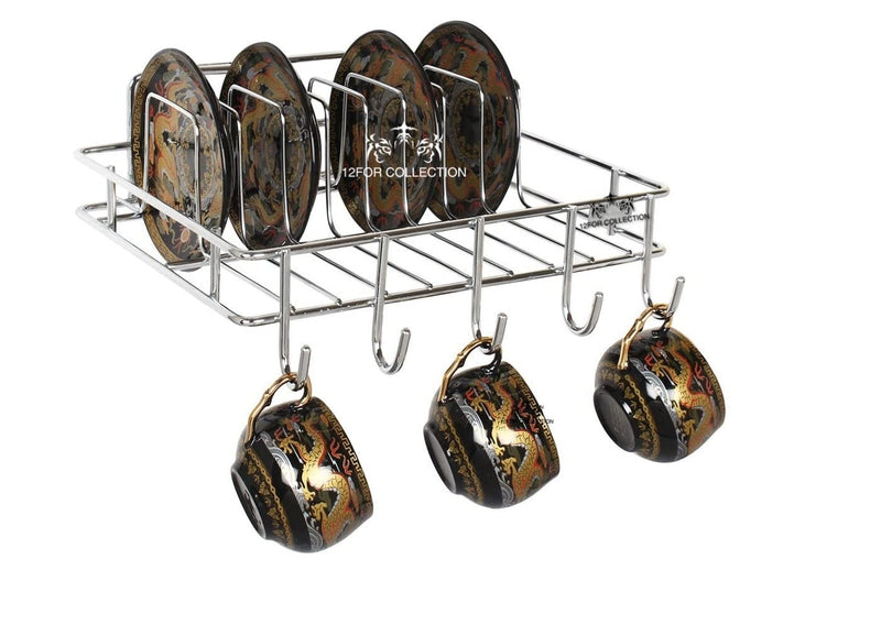 12FOR COLLECTION Multipurpose Wall Hanging Stainless Steel Big Mug,Cup & Saucer Holder, Plate Organizer Space Kitchen Saving Rack Utensil Kitchen Rack (Stainless Steel, Hanging Shelves, 4 x 10)
