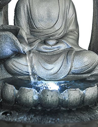 Sitting Buddha Fountain 11", LED Indoor Table Waterfall Fountain Fengshui Meditation Relaxing Decor for Home Office Gray