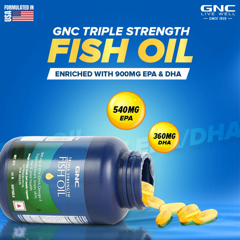 GNC 1500 MG Triple Strength Fish Oil Omega 3 Capsules for Men & Women | 60 Softgels | 900mg (540 MG EPA & 360 MG DHA) | Improves Memory | Protects Vision | No Fishy Aftertaste