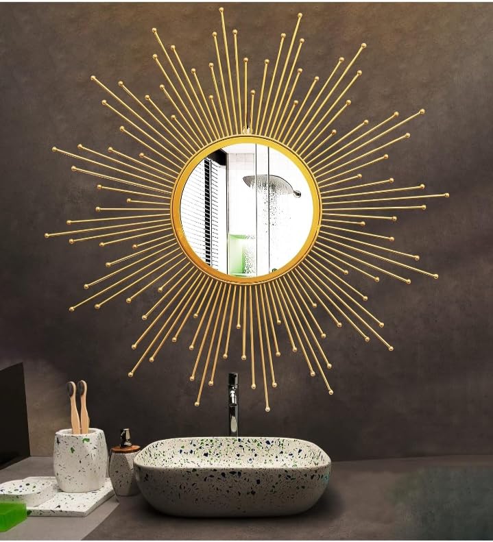 Craft Velly Sparkling Sunburst Design Wall Mirror (24 x 24 inch, Golden, Framed)