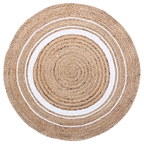 Kuber Industries Hand Woven Braided Carpet Rugs|Round Traditional Spiral Design Jute Door mat|Mat for Bedroom,Living Room,Dining Room,Yoga,60x60 cm,(White)